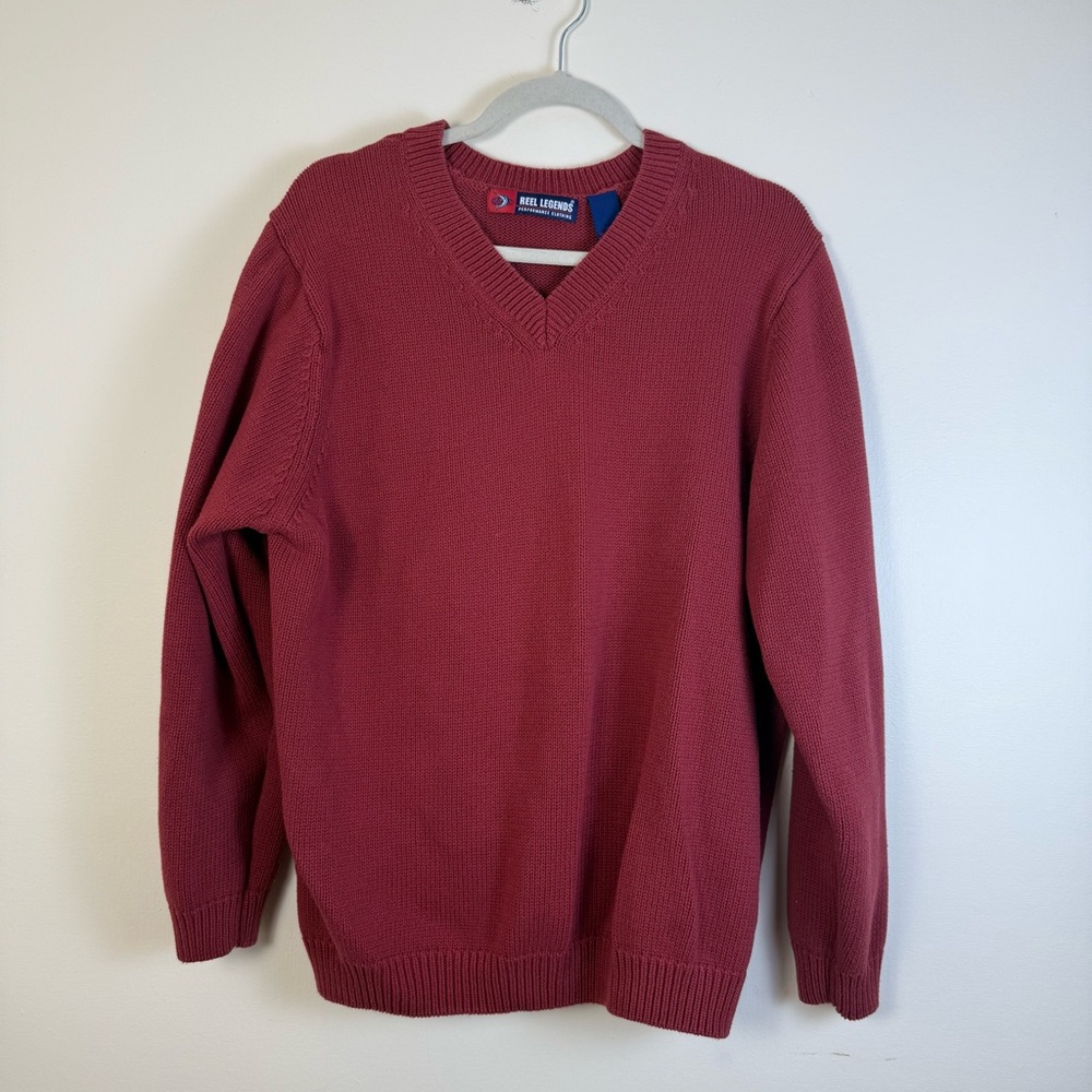 Reel Legends Men Maroon V-Neck Sweater Fisherman 100% Cotton‎ Ribbed Knitwear XL